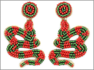 RED GREEN BEAD SNAKE EARRINGS ( 4726 RDGR )