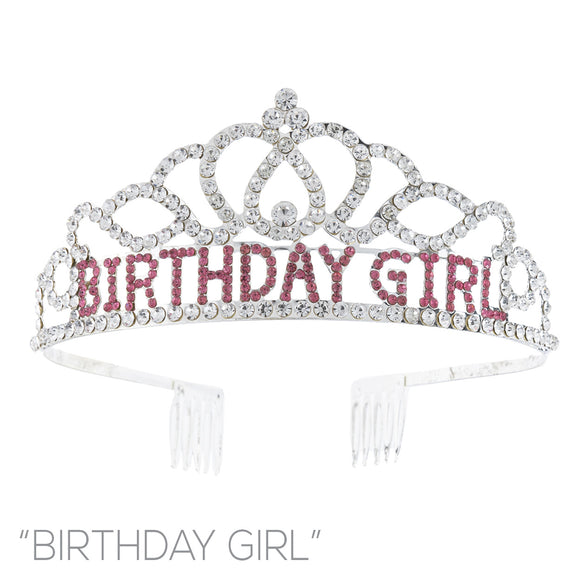 SILVER TIARA BIRTHDAY GIRL CLEAR PINK STONES ( 60766 ROS )