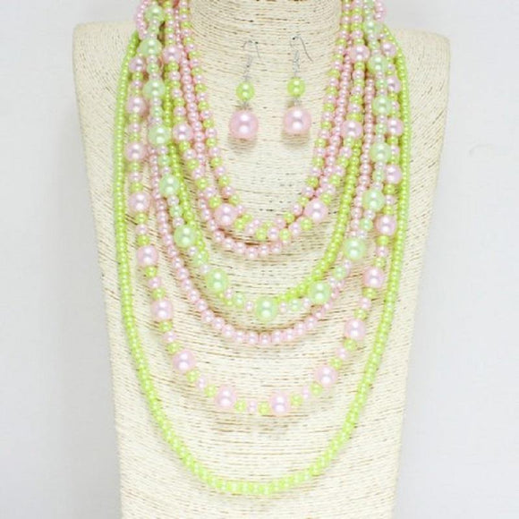 PINK AND GREEN PEARL NECKLACE WITH EARRINGS ( 556 ) - Ohmyjewelry.com