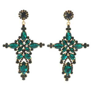 GOLD CROSS EARRINGS GREEN STONES ( 8036 GN )