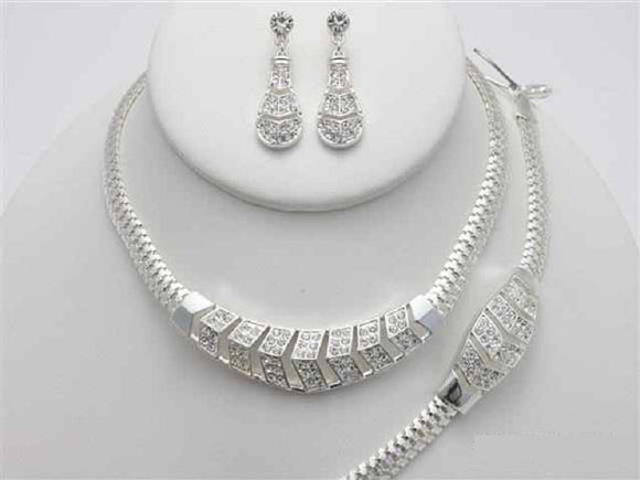 SILVER NECKLACE SET CLEAR STONES ( 16279 SCL )