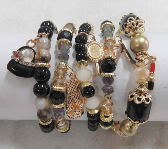 GOLD BLACK STRETCH BRACELETS BEAUTY CHARMS ( 5902 GBK )