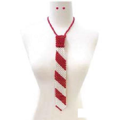 Red and White Pearl Tie Necklace with Matching Stud Earrings ( 132 RDWH ) - Ohmyjewelry.com
