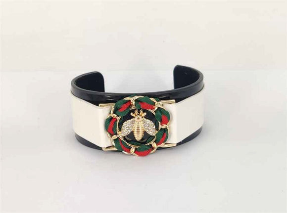 WHITE BLACK CUFF BANGLE GREEN RED BEE CLEAR STONES ( 2105 GDBW )