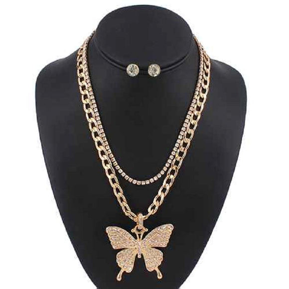 2 LAYER GOLD NECKLACE SET BUTTERFLY CLEAR STONES ( 5085 ) - Ohmyjewelry.com