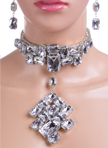 SILVER CHOKER NECKLACE SET WITH CLEAR STONES LARGE PENDANT ( 2826 ) - Ohmyjewelry.com