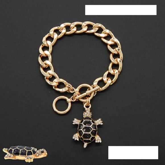 GOLD BLACK TURTLE BRACELET CLEAR STONES ( 9239 GDBLK ) - Ohmyjewelry.com