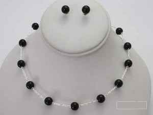 SILVER BLACK Pearl Ball Necklace with Stud Earrings ( 3949 SBK ) - Ohmyjewelry.com