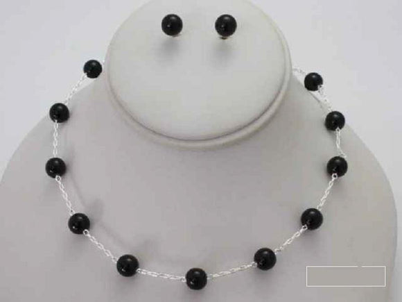 SILVER BLACK Pearl Ball Necklace with Stud Earrings ( 3949 SBK ) - Ohmyjewelry.com