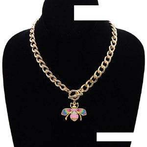 GOLD LIGHT MULTI COLOR ENAMEL RHINESTONE BEE TOGGLE NECKLACE ( 3437 GDLMT ) - Ohmyjewelry.com