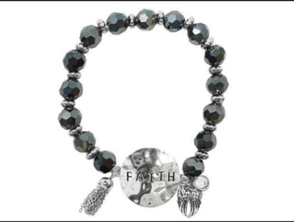BLACK SILVER FAITH STRETCH BRACELET ( 09029 SBBLK ) - Ohmyjewelry.com