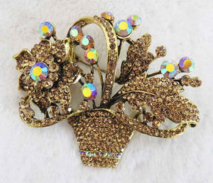 ANTIQUE GOLD FLOWER BASKET BROOCH BROWN STONES ( 2979 BN )