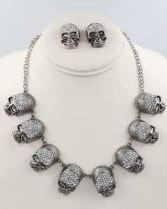 SILVER NECKLACE SET SKULL CLEAR STONES ( 15030 5CL )