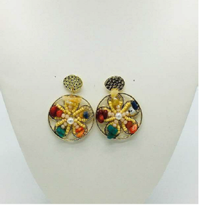 ROUND GOLD EARRINGS MULTI COLOR BEADS STONES ( 057 )