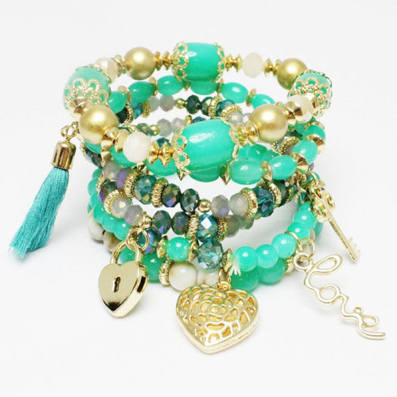 Layered TURQUOISE Glass Beaded Stretch BRACELETS with Heart Charms ( 590 GDTQ )