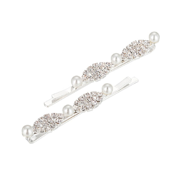 SILVER HAIR PIN SET CLEAR STONES WHITE PEARLS ( 71780 )