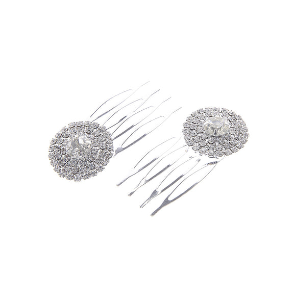 2 SILVER CIRCLE HAIR COMB WITH CLEAR STONES ( 71890 )