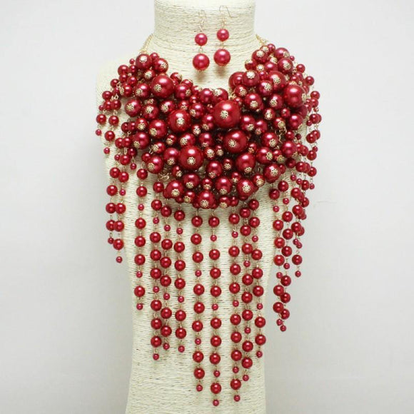 RED Waterfall Pearl CLUSTER Necklace Earrings ( 0062 ) - Ohmyjewelry.com