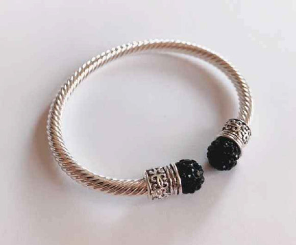 SILVER CABLE CUFF BANGLE BLACK STONES ( 742 BK )