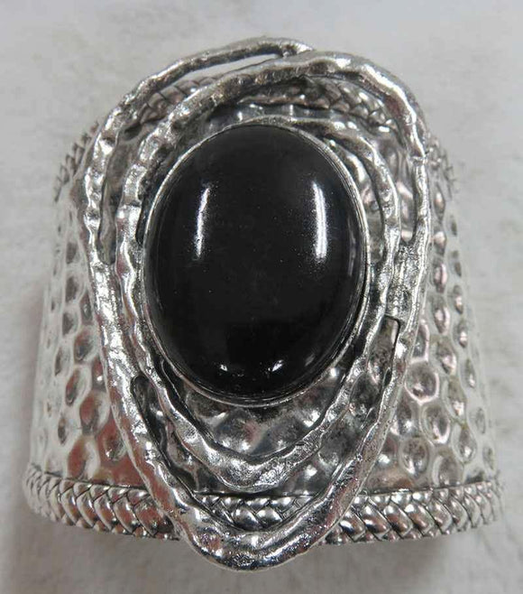 SILVER CUFF BANGLE LARGE BLACK STONE ( 3703 ) - Ohmyjewelry.com