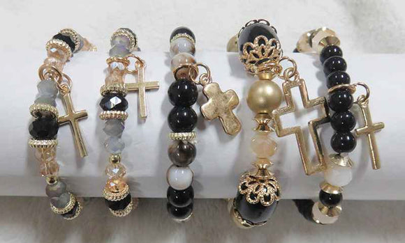 GOLD BLACK PEARL STRETCH BRACELETS CROSS CHARMS ( 5906 BK )