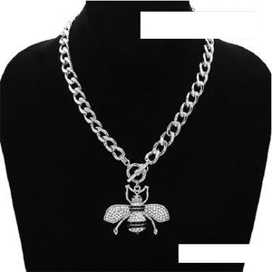 SILVER BLACK ENAMEL CLEAR RHINESTONE BEE TOGGLE NECKLACE ( 3438 ) - Ohmyjewelry.com