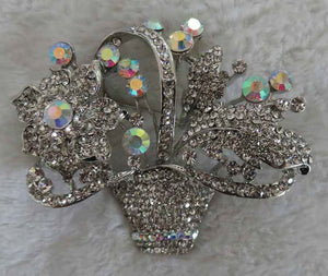 SILVER FLOWER BASKET BROOCH CLEAR STONES ( 2979 SCL )