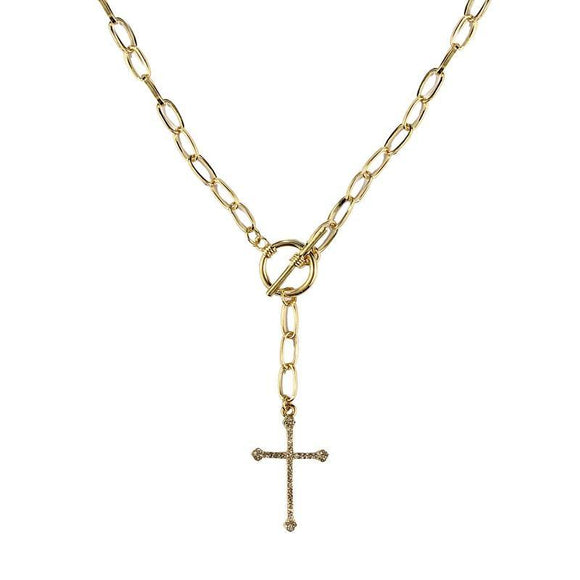 GOLD NECKLACE CROSS CHARM CLEAR STONES ( 17497 CRG ) - Ohmyjewelry.com