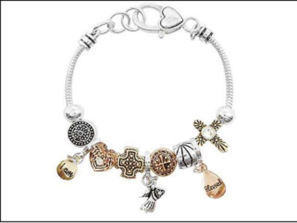 SILVER CHARM BRACELET MULTI COLOR CROSS BLESSED CHARMS ( 09085 3TCRY ) - Ohmyjewelry.com