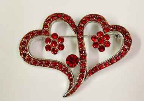 SILVER HEART BROOCH RED STONES ( 1449 S )