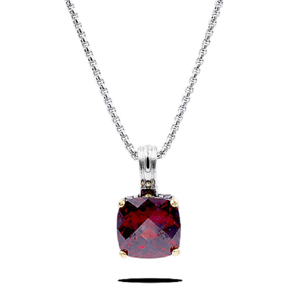 RED Cushion Cut Four Prong Pendant Rhodium Plated Necklace ( 3032 RD )