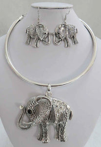 SILVER ELEPHANT CHOKER NECKLACE SET CLEAR STONES ( 3934 AS ) - Ohmyjewelry.com