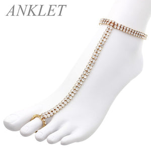 2 Line Rhinestone Gold Clear Stretch Anklet Chain ( 82551 )