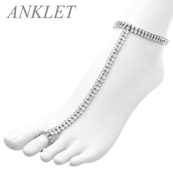 2 Line Rhinestone Silver Clear Stretch Anklet Chain ( 82551 )