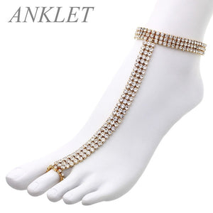 3 Line Rhinestone Gold Clear Stretch Anklet Chain ( 82552 )