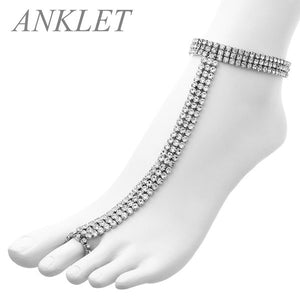 3 Line Rhinestone Silver Clear Stretch Anklet Chain ( 82552 )