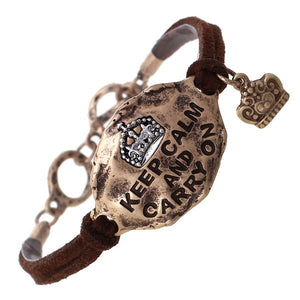 Brown Suede Bracelet with Gold "KEEP CALM AND CARRY ON" Message
