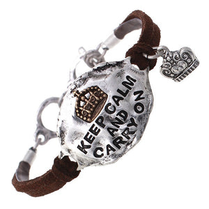 Brown Suede Bracelet with Silver "KEEP CALM AND CARRY ON" Message
