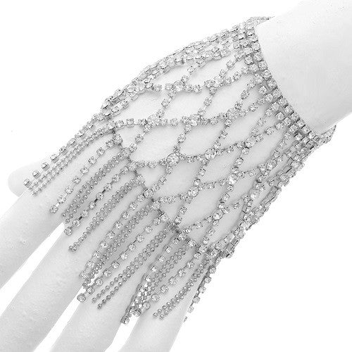Silver Clear Rhinestone Net Pattern Fringe Stretch Bracelet ( 83186 )
