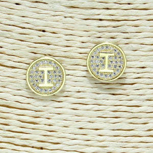 GOLD PAVE INITIAL I GOLD CLEAR 10mm EARRINGS STAINLESS STEEL ( 2031 IG ) - Ohmyjewelry.com