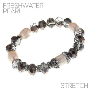 BLACK DIAMOND STRETCH BRACELET LAVA BEADS WHITE PEARLS CLEAR STONES