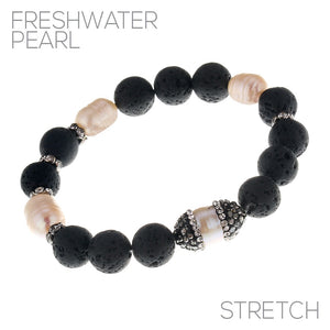 BLACK STRETCH BRACELET LAVA BEADS WHITE PEARLS CLEAR STONES ( 83469 JTBN )