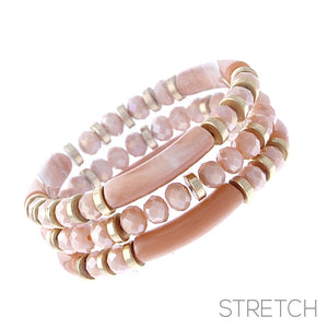 3 LAYER WORN GOLD ACRYLIC TUBE BEADED STRETCH BRACELETS ( 84223 VRWG )