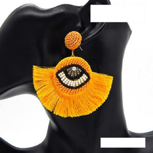 GOLD YELLOW BEAD THREAD EVIL EYE EARRINGS