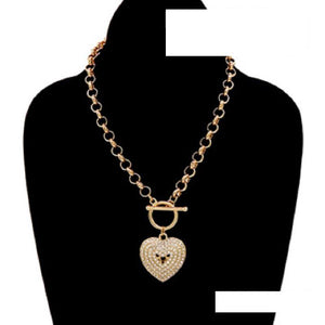 GOLD NECKLACE HEART PENDANT CLEAR STONES ( 3478 GDCLR ) - Ohmyjewelry.com