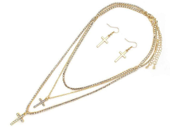 GOLD CROSS NECKLACE SET CLEAR STONES ( 7809 GDCRY )