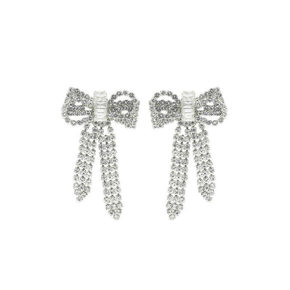 SILVER BOW EARRINGS CLEAR STONES ( 27195 CRS ) - Ohmyjewelry.com