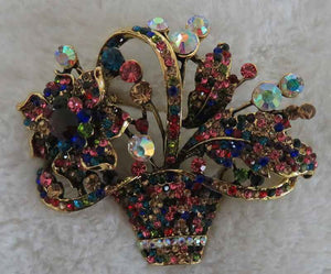 GOLD FLOWER BASKET BROOCH MULTI COLOR STONES ( 2979 MT )