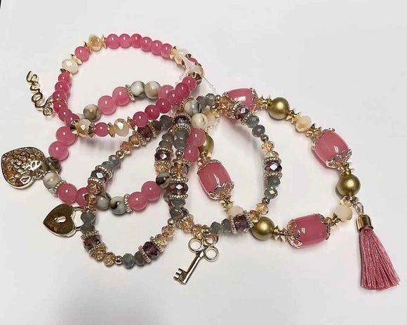 5 STRAND GOLD PINK STRETCH CHARM BRACELETS ( 590 PK )