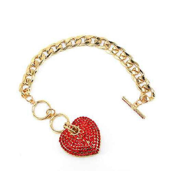 GOLD HEART CHARM BRACELET WITH RED STONES ( 7032 GDRED ) - Ohmyjewelry.com
